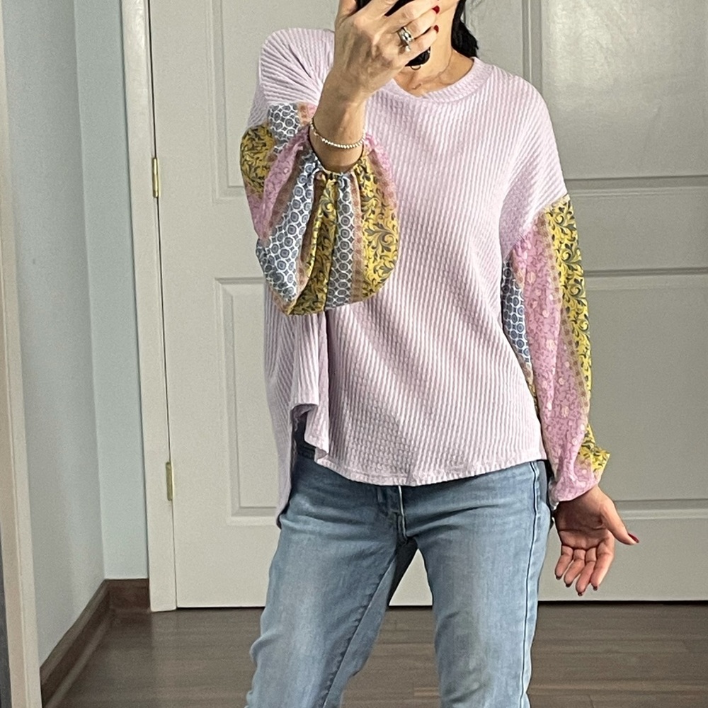 Blue - Pepper Lavender Thermal with Contrasting Ballon Sleeves Top size M - Picture 3 of 8